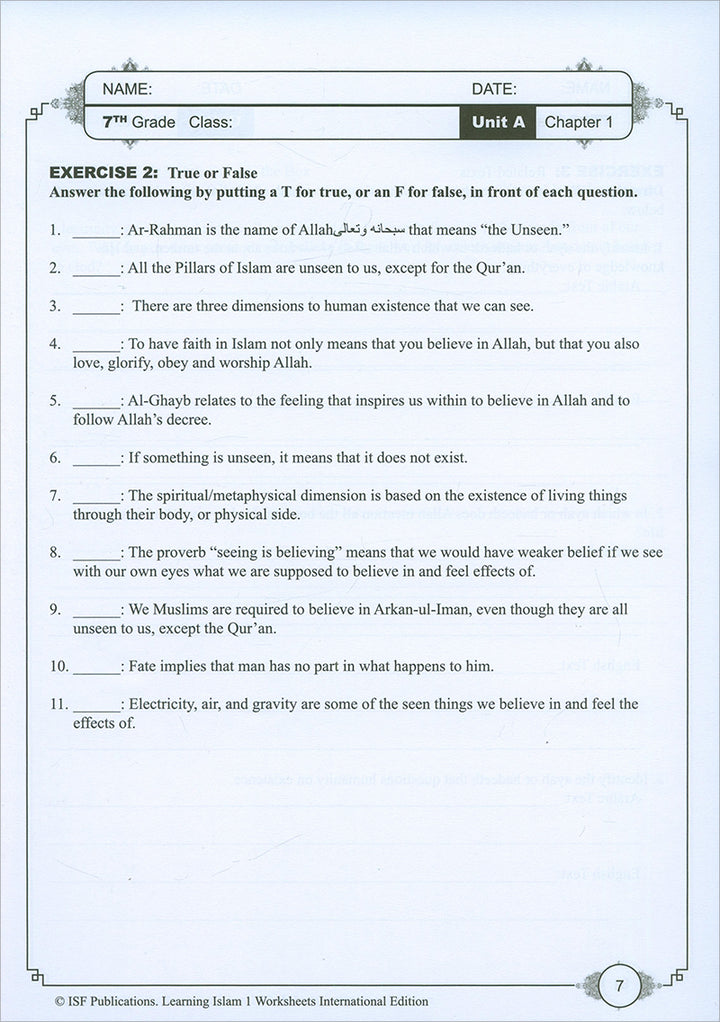 Learning Islam Workbook: Level 1 (7th Grade, Weekend/International Edition