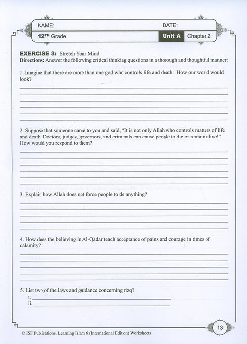 Learning Islam Workbook: Level 6 (12th Grade, Weekend/International Edition