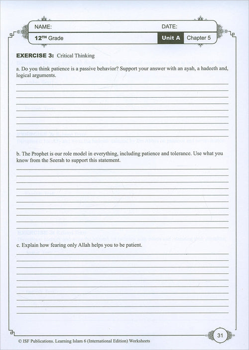 Learning Islam Workbook: Level 6 (12th Grade, Weekend/International Edition