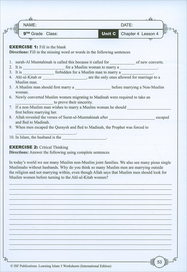 Learning Islam Workbook: Level 3 (9th Grade, Weekend/International Edition