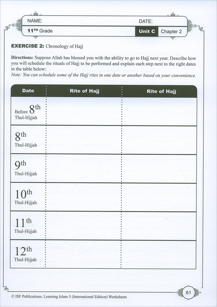 Learning Islam Workbook: Level 5 (11th Grade, Weekend/International Edition