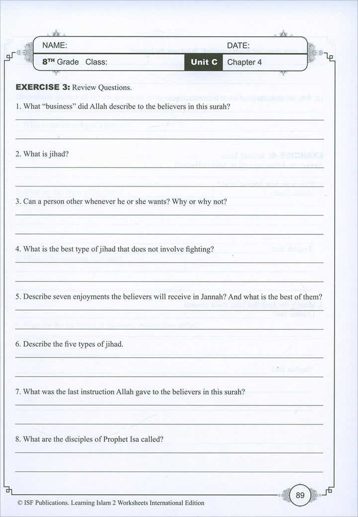 Learning Islam Workbook: Level 2 (8th Grade, Weekend/International Edition