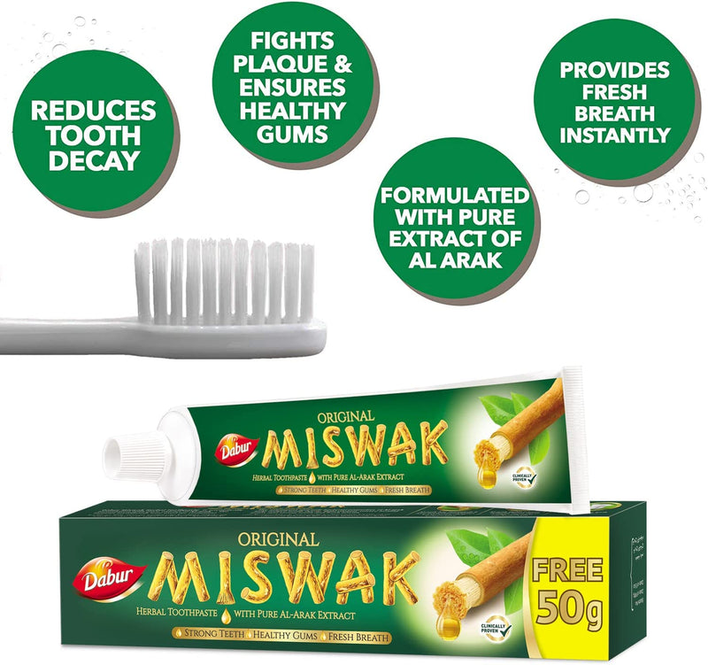 (Pack of 3) Dabur Miswak Sewak Meswak Siwak Natural Herbal Halal Islamic Toothpaste (Net Weight: 120g + 50g Free)