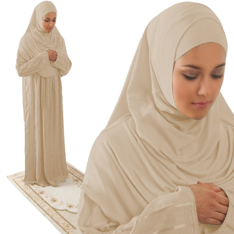 Amade Women's One-Piece Prayer Dress Beige Abaya Gift Set - east-west-souk