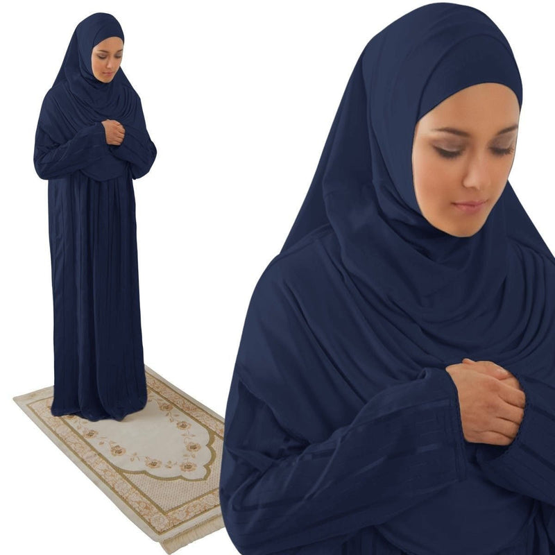 Amade Women's One-Piece Prayer Dress Navy Blue Abaya Gift Set - east-west-souk