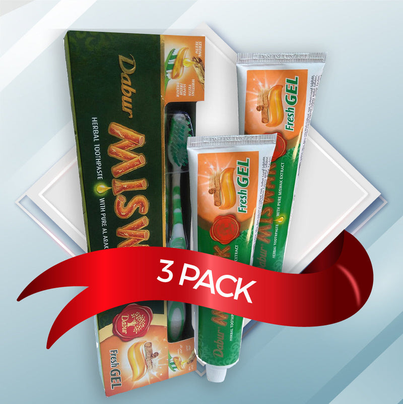 (Pack of 3) Dabur Miswak Herbal Toothpaste with Pure Arak Extract (free toothbrush included) Net Weight: 150g