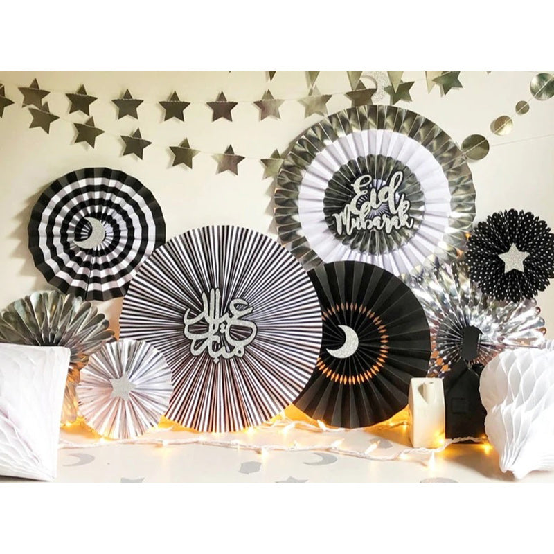 Eid Mubarak Hanging Concertina Paper Fan Kit - Monochrome - Set of 6