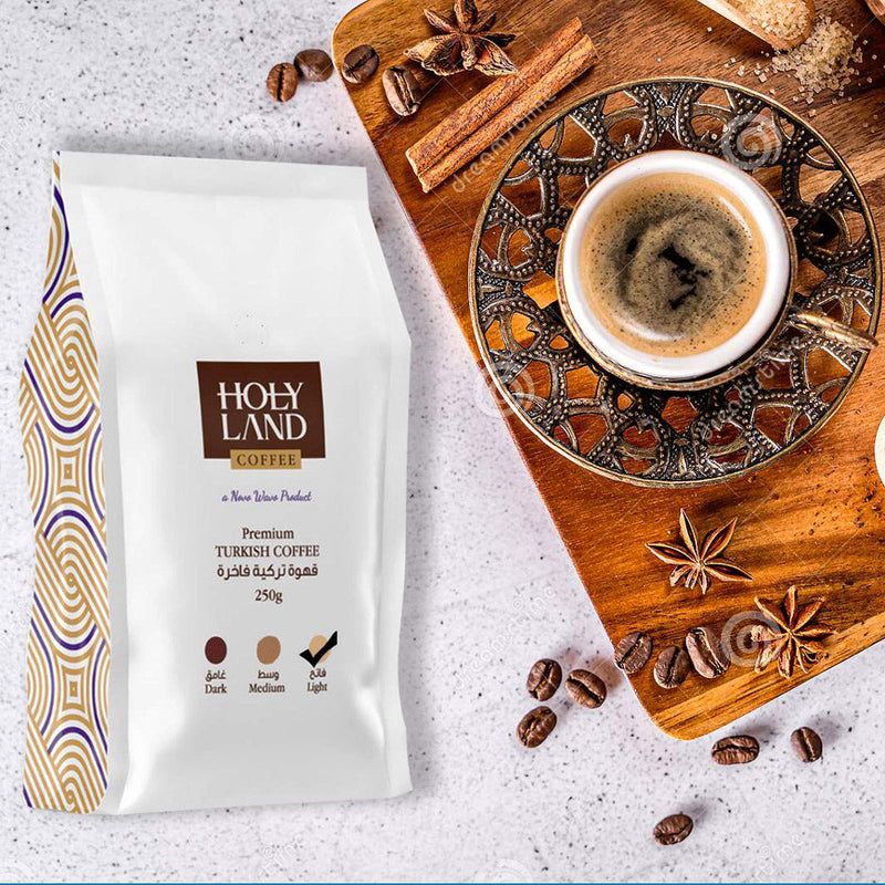 Holy Land Premium Turkish Ground Coffee, Light Roast with Cardamom, 100% Arabica Beans, Fresh & Finely Ground, 8.8 oz