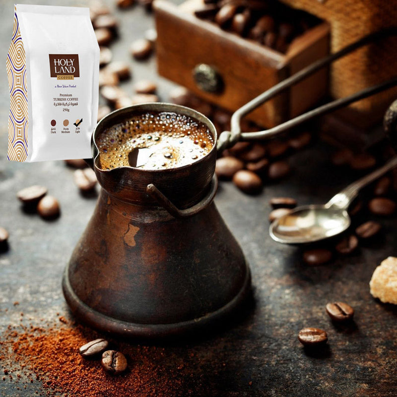 Holy Land Premium Turkish Ground Coffee, Light Roast with Cardamom, 100% Arabica Beans, Fresh & Finely Ground, 8.8 oz