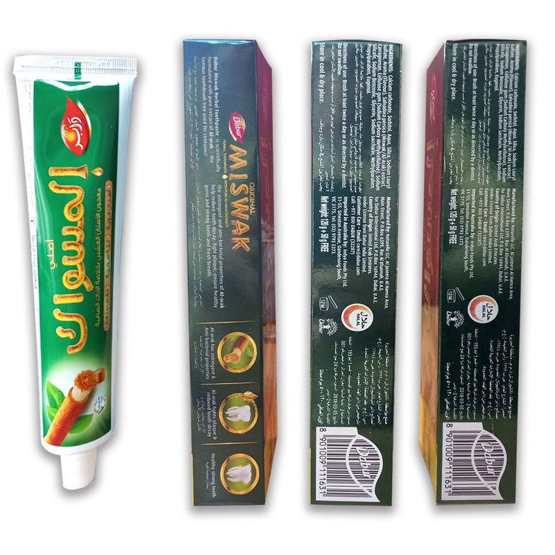 (Pack of 3) Dabur Miswak Sewak Meswak Siwak Natural Herbal Halal Islamic Toothpaste (Net Weight: 120g + 50g Free)