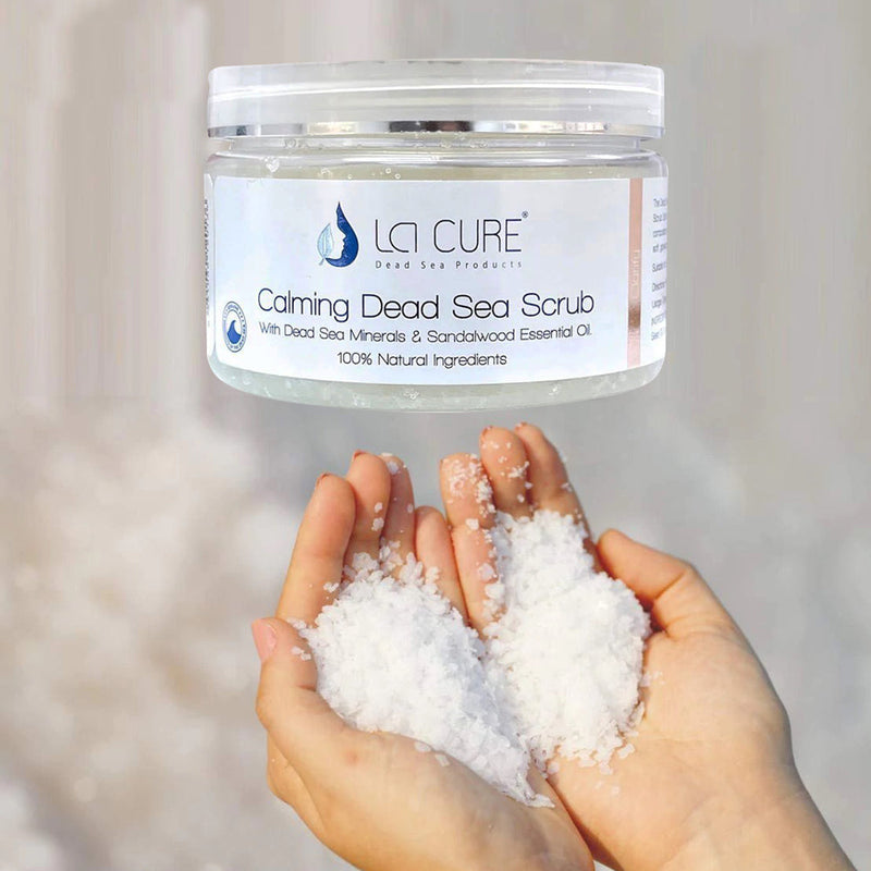 La Cure Dead Sea Calming Scrub Salts with Sandalwood Essential Oil, Natural Cream Exfoliant, Stretch Mark & Wrinkle Reducer , Body Scrub for Women & Men (0.88 lb)