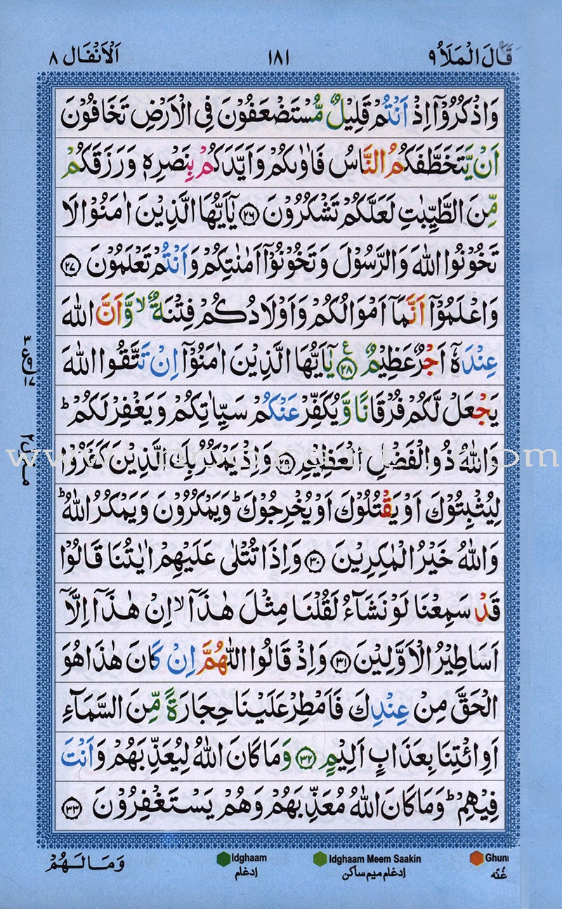 Holy Qur'an with Color Coded Tajweed Rules (Hafzi, Medium, Indian Pakistani Persian Script Style- 15 Lins )