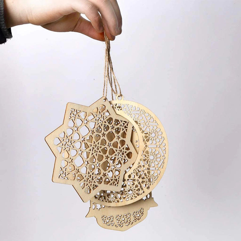 Wooden Geometric Hanging Eid Mubarak Decorations - Laser Cut Rustic Moon Star Lantern