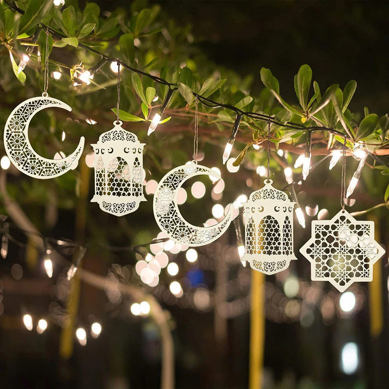 Wooden Geometric Hanging Eid Mubarak Decorations - Laser Cut Rustic Moon Star Lantern